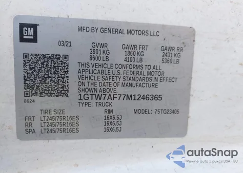 2021 GMC Savana Cargo Rwd 2500 Regular Wheelbase Work Van z USA, uszkodzony, nr VIN 1GTW7AF77M1246365